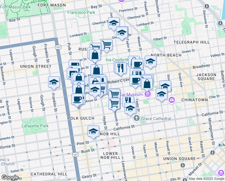map of restaurants, bars, coffee shops, grocery stores, and more near 1556 Leavenworth Street in San Francisco
