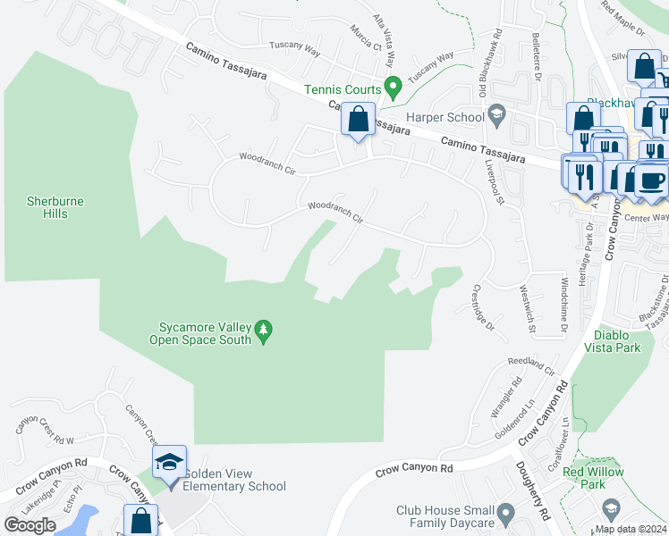 map of restaurants, bars, coffee shops, grocery stores, and more near 85 Country Hills Court in Danville
