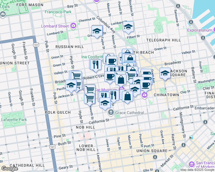 map of restaurants, bars, coffee shops, grocery stores, and more near 1425 Taylor Street in San Francisco