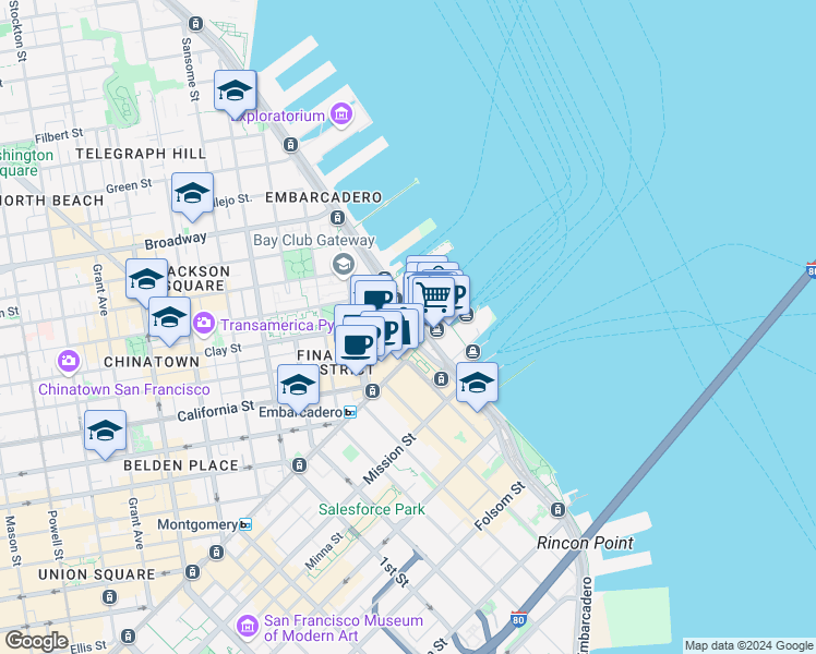 map of restaurants, bars, coffee shops, grocery stores, and more near 166 The Embarcadero in San Francisco