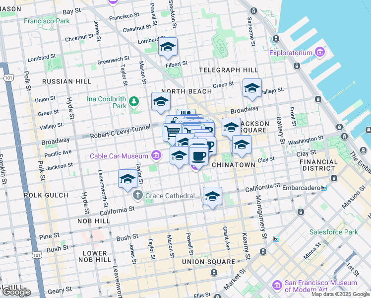 map of restaurants, bars, coffee shops, grocery stores, and more near 845 Jackson Street in San Francisco