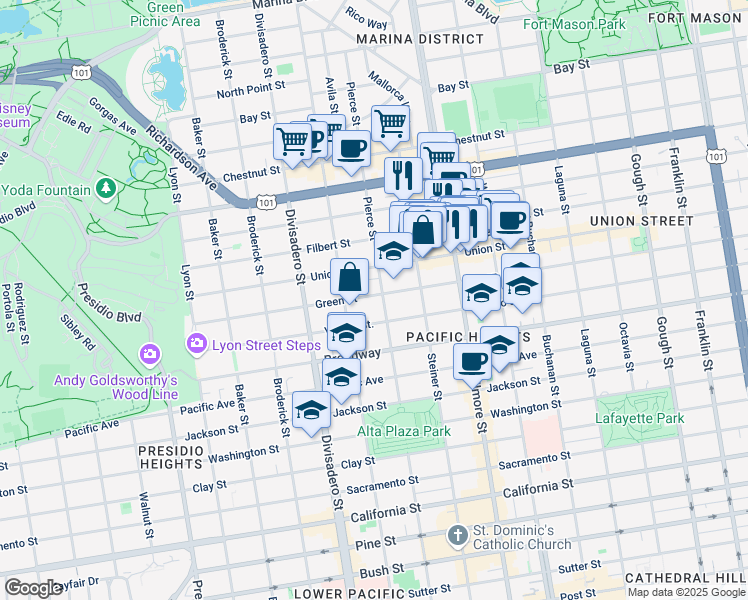 map of restaurants, bars, coffee shops, grocery stores, and more near 2409 Green Street in San Francisco
