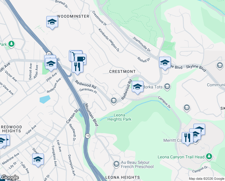 map of restaurants, bars, coffee shops, grocery stores, and more near 41 Sereno Circle in Oakland