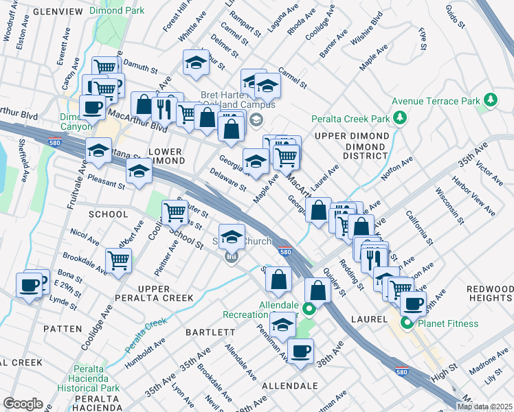 map of restaurants, bars, coffee shops, grocery stores, and more near 3426 Maple Avenue in Oakland