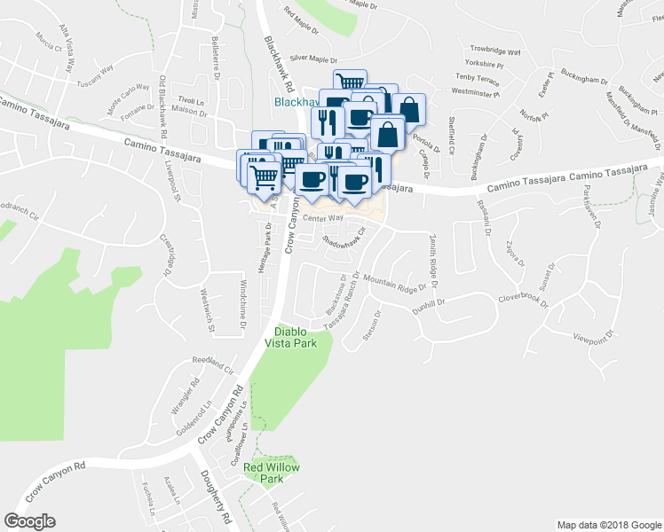 map of restaurants, bars, coffee shops, grocery stores, and more near 160 Blackstone Drive in Danville