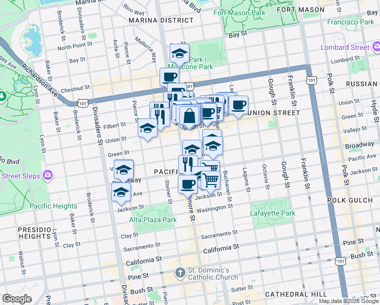 map of restaurants, bars, coffee shops, grocery stores, and more near 2260 Vallejo Street in San Francisco