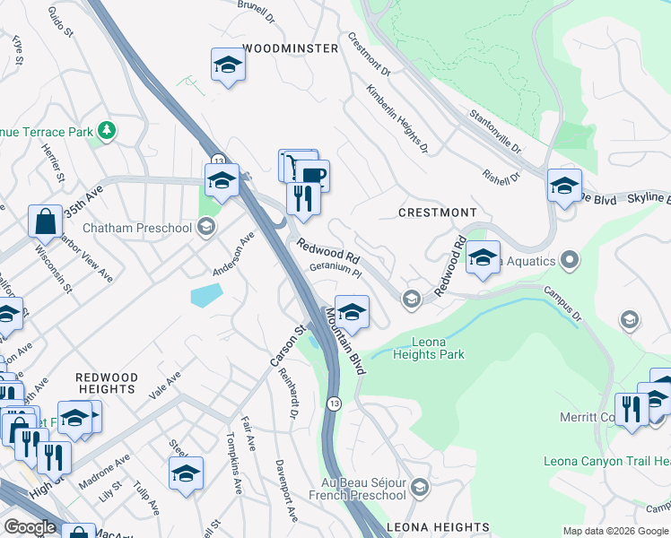 map of restaurants, bars, coffee shops, grocery stores, and more near 4664 Geranium Place in Oakland