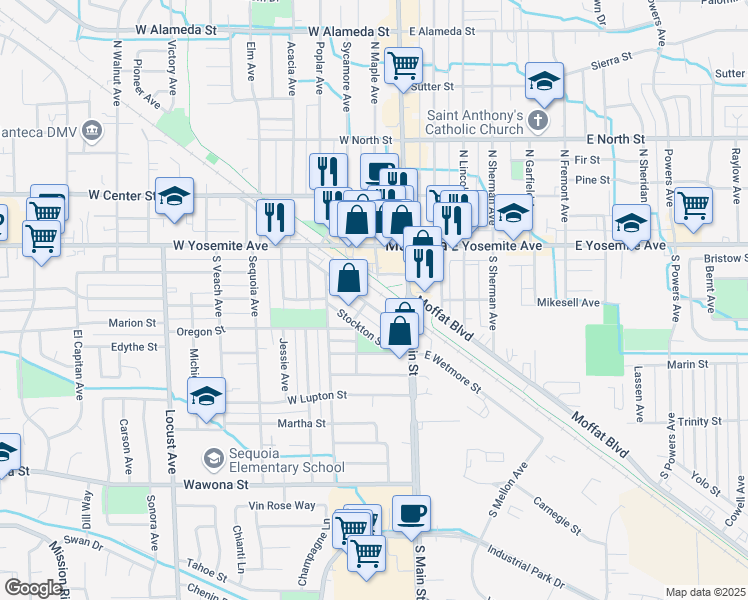 map of restaurants, bars, coffee shops, grocery stores, and more near 211 Oak Street in Manteca