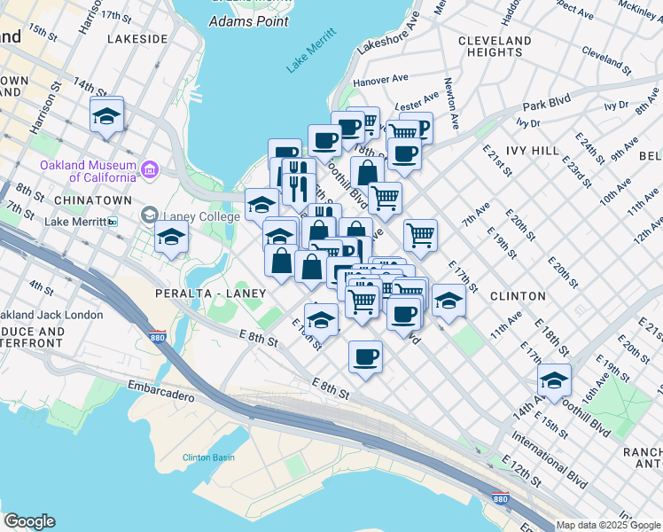 map of restaurants, bars, coffee shops, grocery stores, and more near 1223 5th Avenue in Oakland