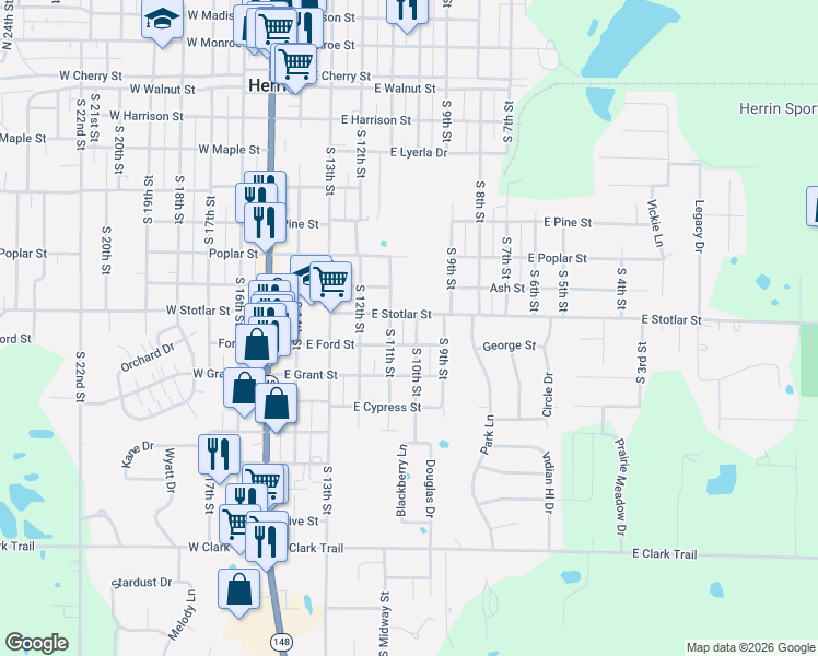 map of restaurants, bars, coffee shops, grocery stores, and more near 801-899 South 10th Street in Herrin