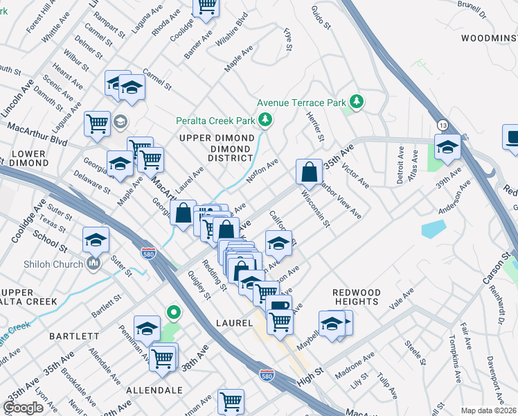 map of restaurants, bars, coffee shops, grocery stores, and more near in Oakland