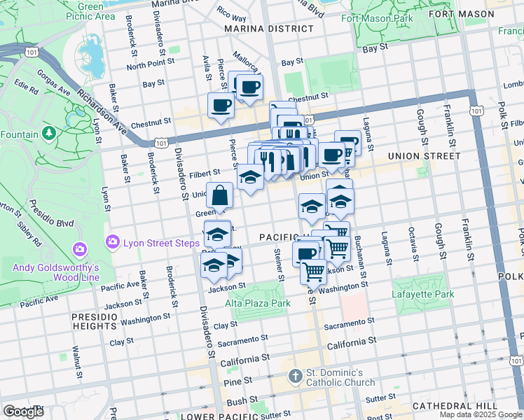 map of restaurants, bars, coffee shops, grocery stores, and more near 2327 Green Street in San Francisco