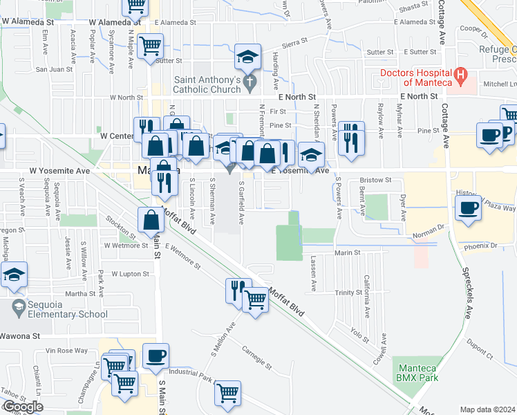 map of restaurants, bars, coffee shops, grocery stores, and more near 139 South Fremont Street in Manteca