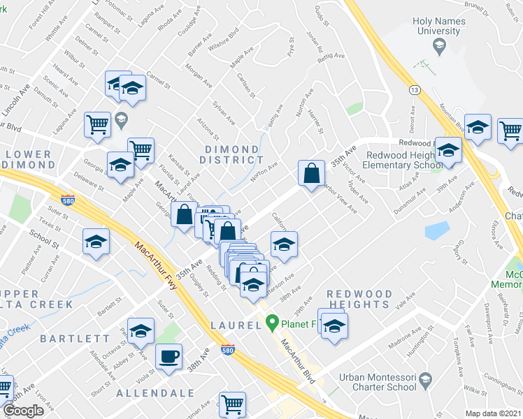 map of restaurants, bars, coffee shops, grocery stores, and more near in Oakland