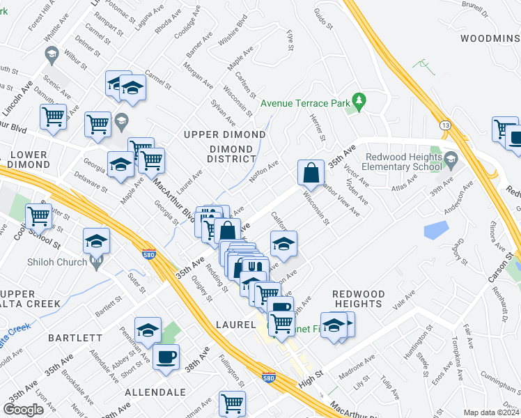 map of restaurants, bars, coffee shops, grocery stores, and more near 3434 California Street in Oakland