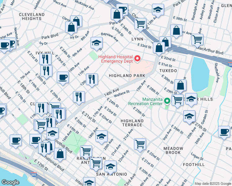 map of restaurants, bars, coffee shops, grocery stores, and more near 1408 East 25th Street Way in Oakland