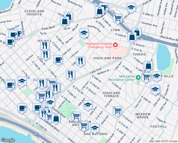 map of restaurants, bars, coffee shops, grocery stores, and more near 2405 14th Avenue in Oakland