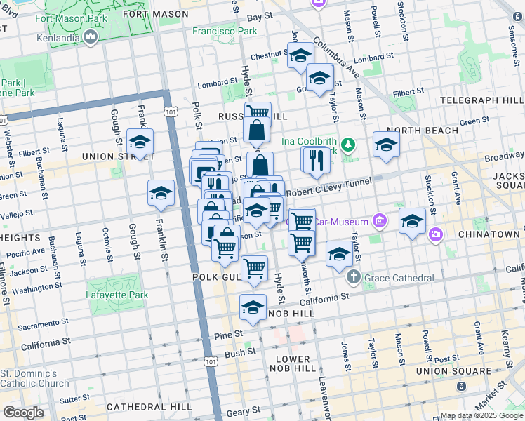 map of restaurants, bars, coffee shops, grocery stores, and more near 1387 Pacific Avenue in San Francisco