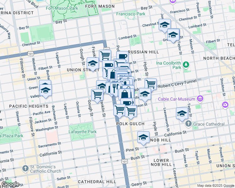 map of restaurants, bars, coffee shops, grocery stores, and more near 1601 Pacific Avenue in San Francisco