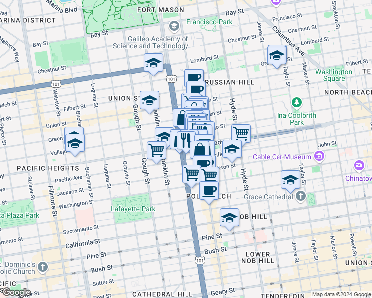 map of restaurants, bars, coffee shops, grocery stores, and more near in San Francisco