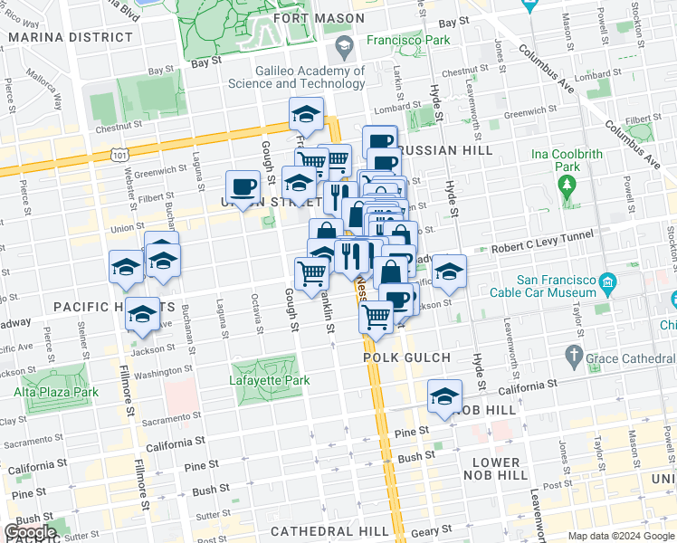 map of restaurants, bars, coffee shops, grocery stores, and more near 2151 U.S. 101 in San Francisco