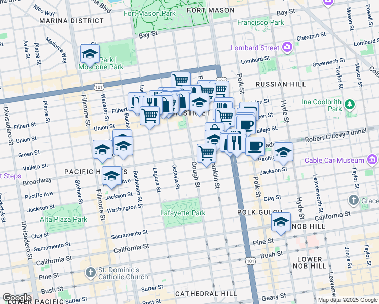 map of restaurants, bars, coffee shops, grocery stores, and more near in San Francisco