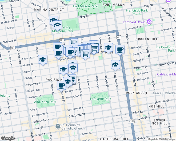map of restaurants, bars, coffee shops, grocery stores, and more near 2620 Laguna Street in San Francisco