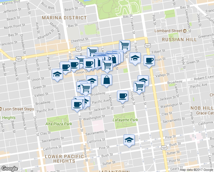 map of restaurants, bars, coffee shops, grocery stores, and more near 2620 Laguna Street in San Francisco