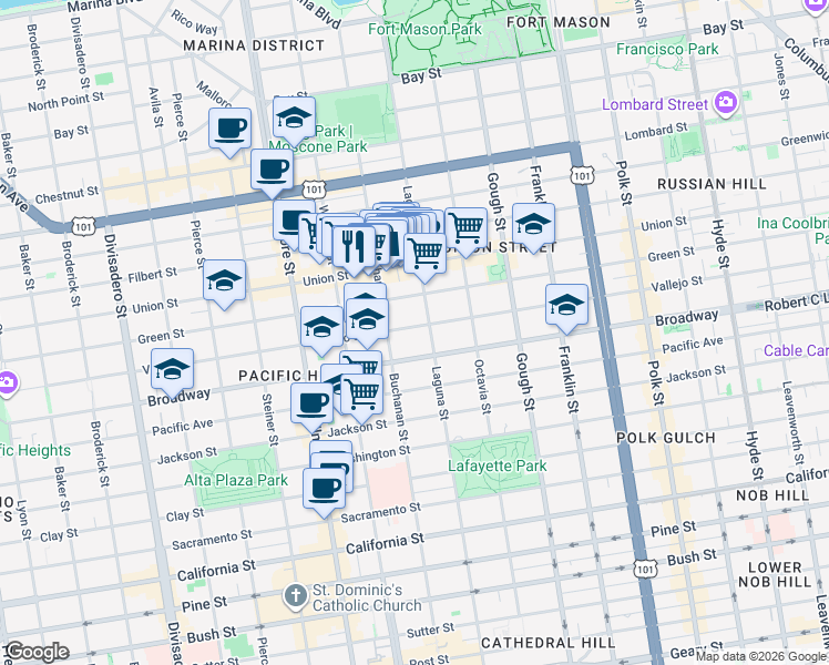 map of restaurants, bars, coffee shops, grocery stores, and more near in San Francisco