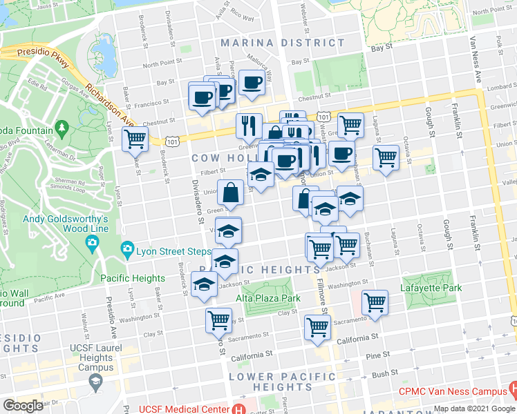 map of restaurants, bars, coffee shops, grocery stores, and more near 2409 Green Street in San Francisco