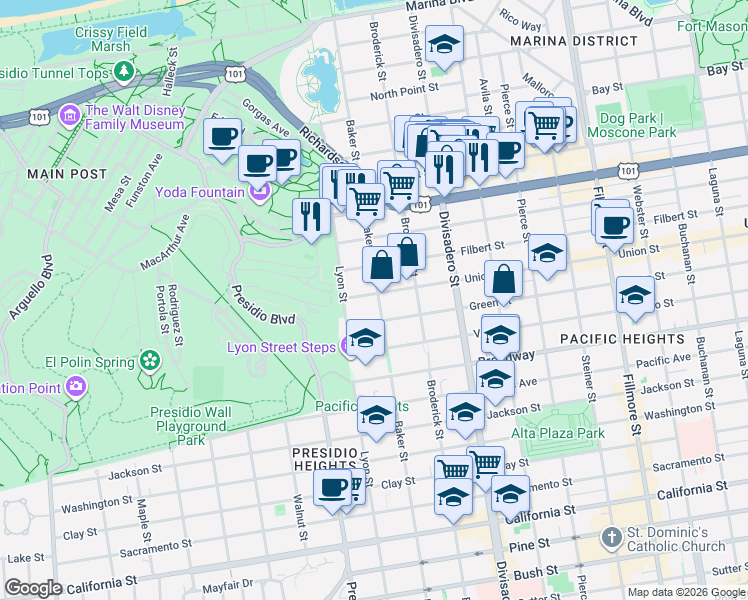 map of restaurants, bars, coffee shops, grocery stores, and more near 2640 Baker Street in San Francisco