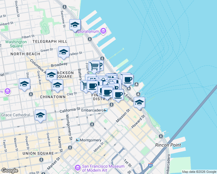 map of restaurants, bars, coffee shops, grocery stores, and more near 100 Clay Street in San Francisco