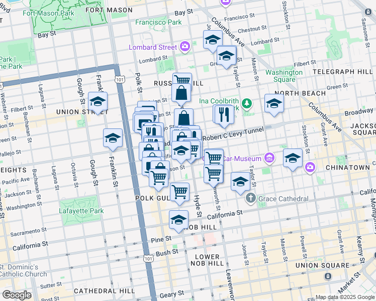 map of restaurants, bars, coffee shops, grocery stores, and more near 1387 Pacific Avenue in San Francisco