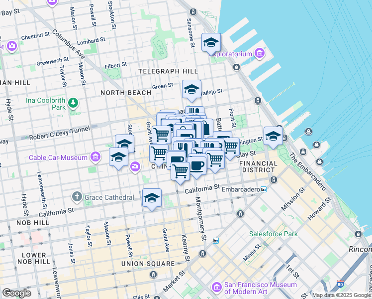 map of restaurants, bars, coffee shops, grocery stores, and more near 1 Columbus Avenue in San Francisco
