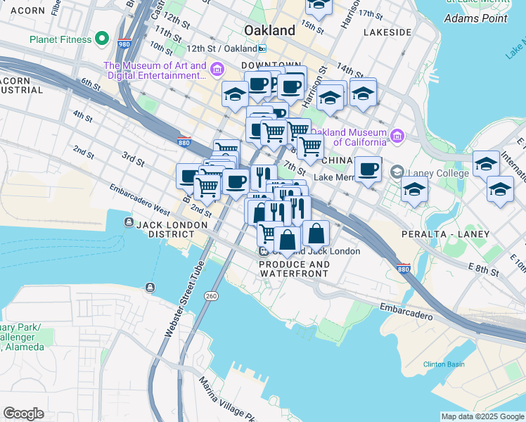 map of restaurants, bars, coffee shops, grocery stores, and more near 255 4th Street in Oakland