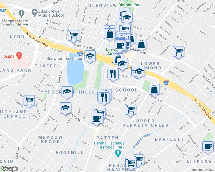 map of restaurants, bars, coffee shops, grocery stores, and more near 2648 School Street in Oakland