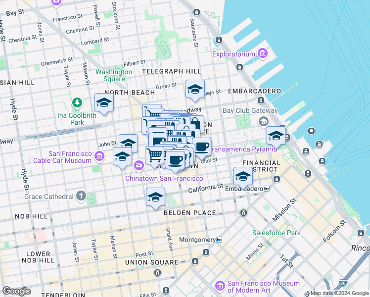map of restaurants, bars, coffee shops, grocery stores, and more near 628 Washington Street in San Francisco