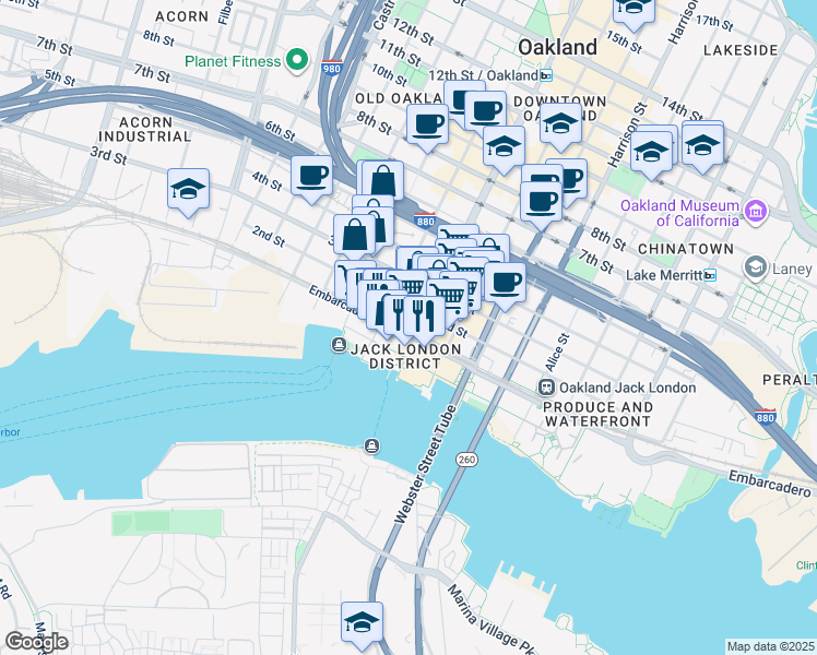 map of restaurants, bars, coffee shops, grocery stores, and more near 101 Broadway in Oakland