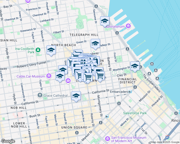 map of restaurants, bars, coffee shops, grocery stores, and more near 1 Columbus Avenue in San Francisco