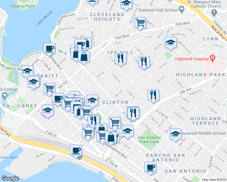 map of restaurants, bars, coffee shops, grocery stores, and more near 925 East 19th Street in Oakland