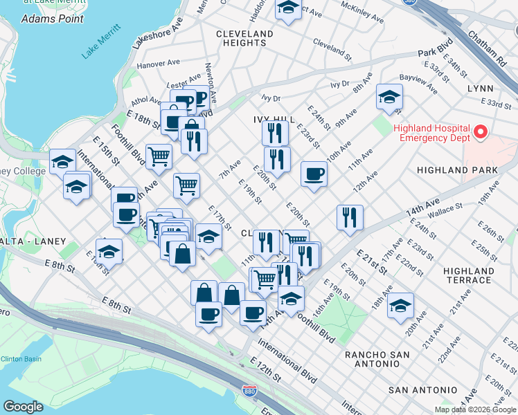 map of restaurants, bars, coffee shops, grocery stores, and more near 925 East 19th Street in Oakland
