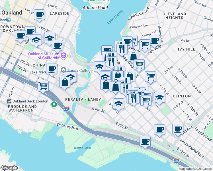 map of restaurants, bars, coffee shops, grocery stores, and more near 13 East 11th Street in Oakland