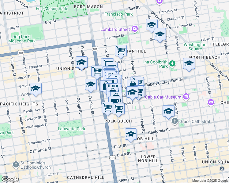 map of restaurants, bars, coffee shops, grocery stores, and more near 2048 Polk Street in San Francisco