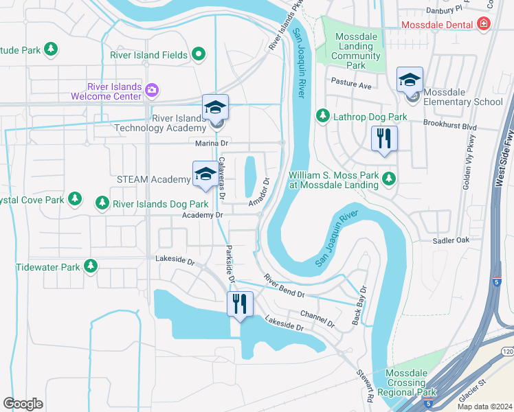 map of restaurants, bars, coffee shops, grocery stores, and more near 18194 Amador Drive in Lathrop