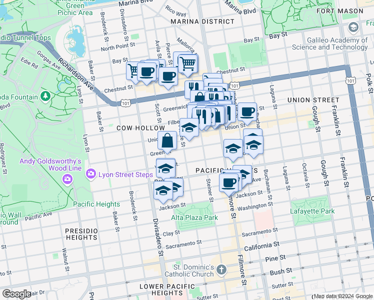 map of restaurants, bars, coffee shops, grocery stores, and more near 5 Green Street in San Francisco