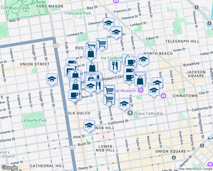 map of restaurants, bars, coffee shops, grocery stores, and more near Pacific Ave & Leavenworth St in San Francisco
