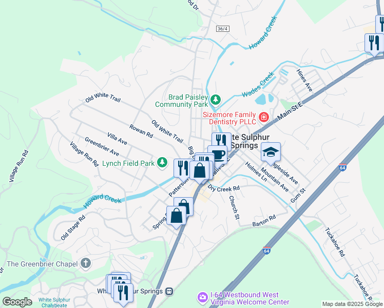 map of restaurants, bars, coffee shops, grocery stores, and more near 120 Rowan Rd in White Sulphur Springs