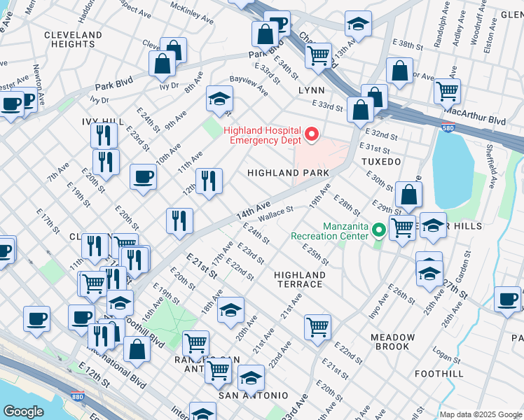 map of restaurants, bars, coffee shops, grocery stores, and more near 1408 East 25th Street Way in Oakland