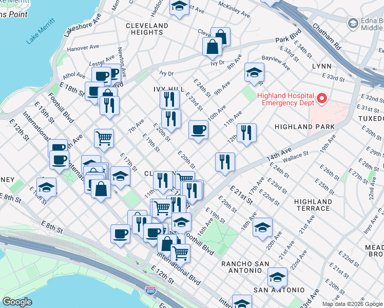 map of restaurants, bars, coffee shops, grocery stores, and more near in Oakland