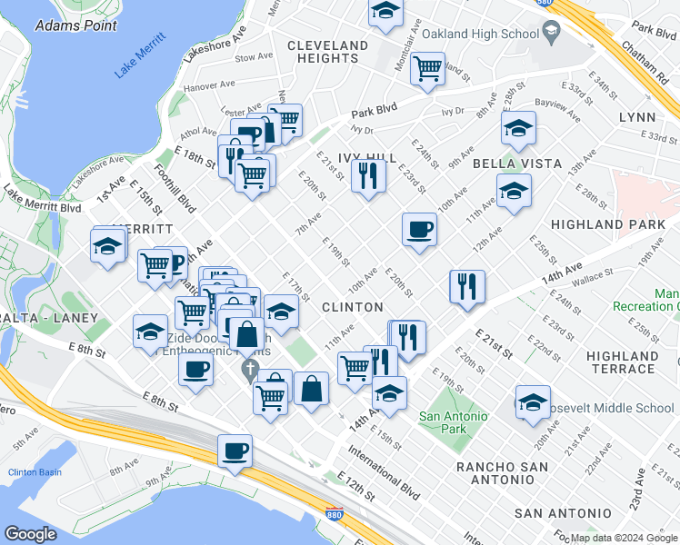 map of restaurants, bars, coffee shops, grocery stores, and more near 1851 10th Avenue in Oakland